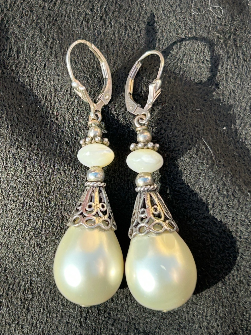 Elegant Cream Pearl Drop Earrings with Sterling Silver Filigree